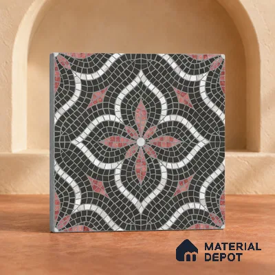 Handmade Third Fired Patterned Wall & Floor Decor Tile TL 13124 D Charcoal Ogee 300x300 mm Embossed Glossy Finish Vitrified Tile - 9 mm | Suitable For Kitchen, Bathroom, Living Area
