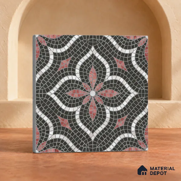 Handmade Third Fired Patterned Wall & Floor Decor Tile TL 13124 D Charcoal Ogee 300x300 mm Embossed Glossy Finish Vitrified Tile - 9 mm | Suitable For Kitchen, Bathroom, Living Area