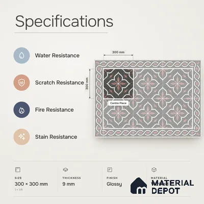 Handmade Third Fired Patterned Wall & Floor Decor Tile TL 13124 D Charcoal Ogee 300x300 mm Embossed Glossy Finish Vitrified Tile - 9 mm | Suitable For Kitchen, Bathroom, Living Area