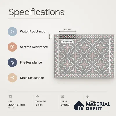 Handmade Third Fired Patterned Wall & Floor Border Tile TL 13124 E Charcoal Ogee 300x97 mm Embossed Glossy Finish Vitrified Tile - 9 mm | Suitable For Kitchen, Bathroom, Living Area