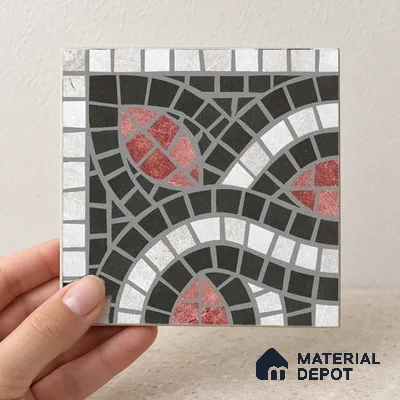 Handmade Third Fired Patterned Wall & Floor Corner Tile TL 13124 F Charcoal Ogee 97x97 mm Embossed Glossy Finish Vitrified Tile - 9 mm | Suitable For Kitchen, Bathroom, Living Area