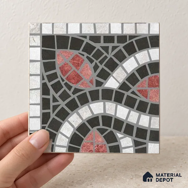 Handmade Third Fired Patterned Wall & Floor Corner Tile TL 13124 F Charcoal Ogee 97x97 mm Embossed Glossy Finish Vitrified Tile - 9 mm | Suitable For Kitchen, Bathroom, Living Area