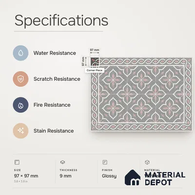 Handmade Third Fired Patterned Wall & Floor Corner Tile TL 13124 F Charcoal Ogee 97x97 mm Embossed Glossy Finish Vitrified Tile - 9 mm | Suitable For Kitchen, Bathroom, Living Area