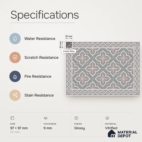 Handmade Third Fired Patterned Wall & Floor Corner Tile TL 13124 F Charcoal Ogee 97x97 mm Embossed Glossy Finish Vitrified Tile - 9 mm | Suitable For Kitchen, Bathroom, Living Area