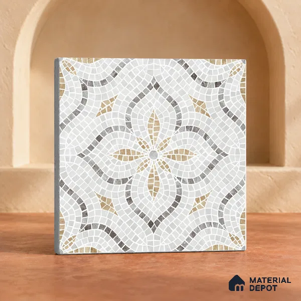 Handmade Third Fired Patterned Wall & Floor Decor Tile TL 13124 G White Ogee 300x300 mm Embossed Glossy Finish Vitrified Tile - 9 mm | Suitable For Kitchen, Bathroom, Living Area