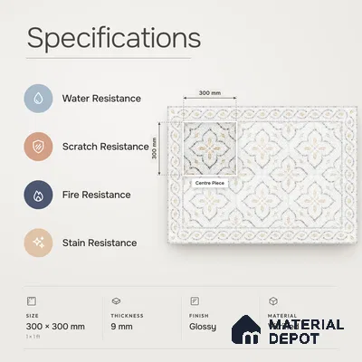 Handmade Third Fired Patterned Wall & Floor Decor Tile TL 13124 G White Ogee 300x300 mm Embossed Glossy Finish Vitrified Tile - 9 mm | Suitable For Kitchen, Bathroom, Living Area