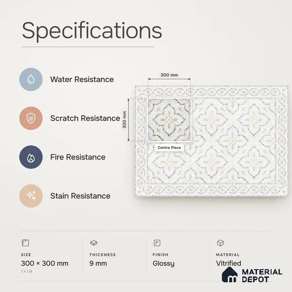 Handmade Third Fired Patterned Wall & Floor Decor Tile TL 13124 G White Ogee 300x300 mm Embossed Glossy Finish Vitrified Tile - 9 mm | Suitable For Kitchen, Bathroom, Living Area