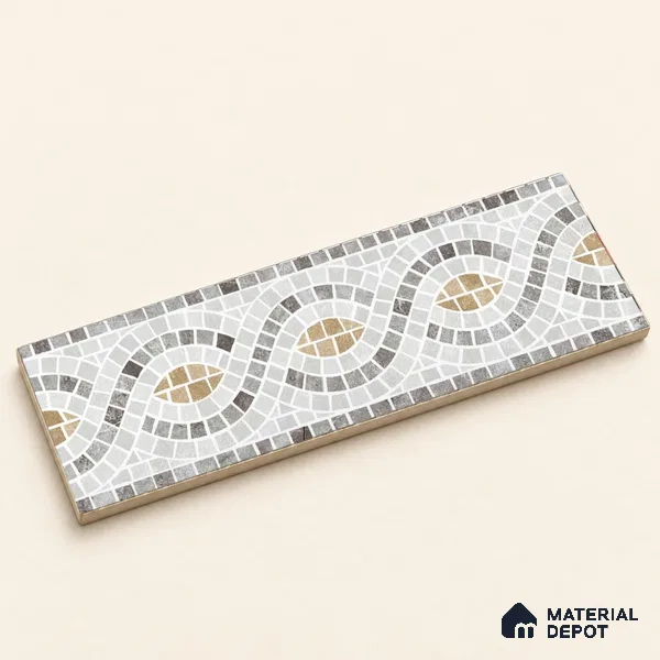 Handmade Third Fired Patterned Wall & Floor Border Tile TL 13124 H White Ogee 300x97 mm Embossed Glossy Finish Vitrified Tile - 9 mm | Suitable For Kitchen, Bathroom, Living Area