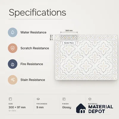 Handmade Third Fired Patterned Wall & Floor Border Tile TL 13124 H White Ogee 300x97 mm Embossed Glossy Finish Vitrified Tile - 9 mm | Suitable For Kitchen, Bathroom, Living Area