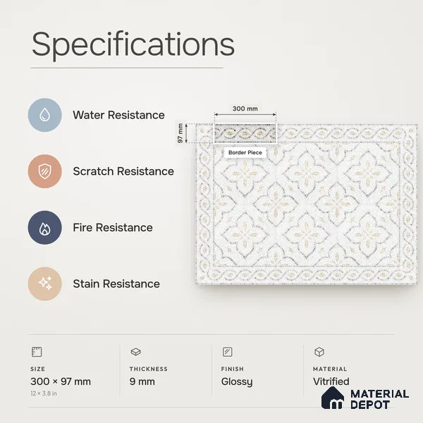 Handmade Third Fired Patterned Wall & Floor Border Tile TL 13124 H White Ogee 300x97 mm Embossed Glossy Finish Vitrified Tile - 9 mm | Suitable For Kitchen, Bathroom, Living Area