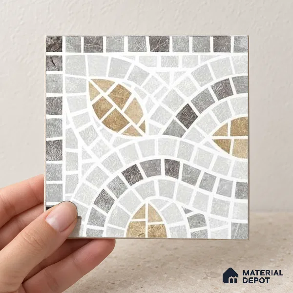 Handmade Third Fired Patterned Wall & Floor Corner Tile TL 13124 I White Ogee 97x97 mm Embossed Glossy Finish Vitrified Tile - 9 mm | Suitable For Kitchen, Bathroom, Living Area