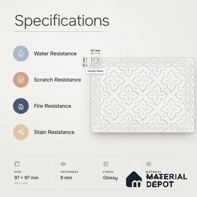 Handmade Third Fired Patterned Wall & Floor Corner Tile TL 13124 I White Ogee 97x97 mm Embossed Glossy Finish Vitrified Tile - 9 mm | Suitable For Kitchen, Bathroom, Living Area