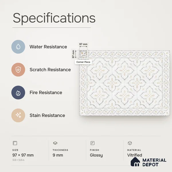 Handmade Third Fired Patterned Wall & Floor Corner Tile TL 13124 I White Ogee 97x97 mm Embossed Glossy Finish Vitrified Tile - 9 mm | Suitable For Kitchen, Bathroom, Living Area