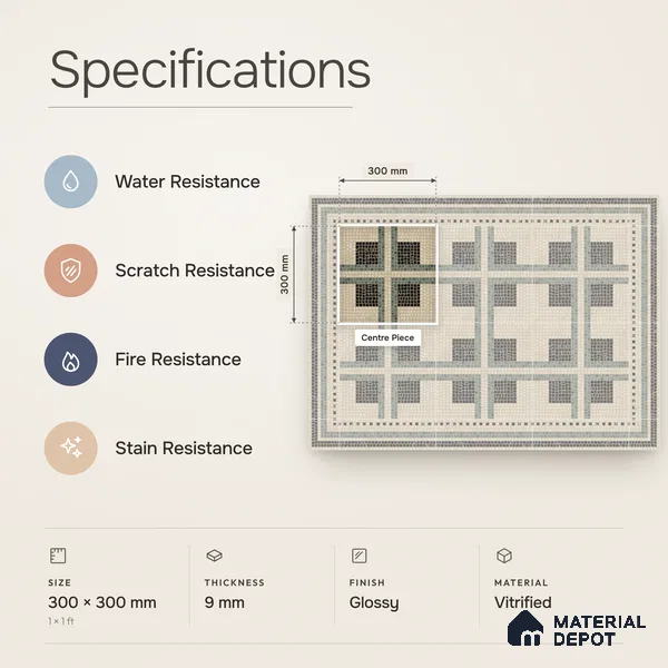 Handmade Third Fired Patterned Wall & Floor Decor Tile TL 13125 Green Cross 300x300 mm Embossed Glossy Finish Vitrified Tile - 9 mm | Suitable For Kitchen, Bathroom, Living Area