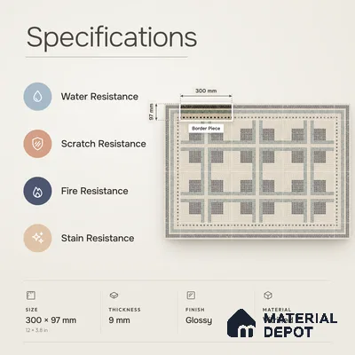 Handmade Third Fired Patterned Wall & Floor Border Tile TL 13125 B Green Cross 300x97 mm Embossed Glossy Finish Vitrified Tile - 9 mm | Suitable For Kitchen, Bathroom, Living Area