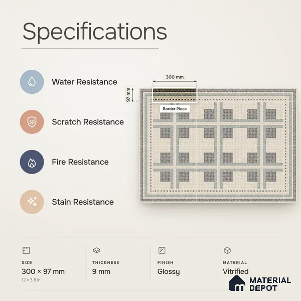 Handmade Third Fired Patterned Wall & Floor Border Tile TL 13125 B Green Cross 300x97 mm Embossed Glossy Finish Vitrified Tile - 9 mm | Suitable For Kitchen, Bathroom, Living Area