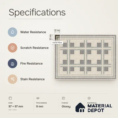 Handmade Third Fired Patterned Wall & Floor Corner Tile TL 13125 C Green Cross 97x97 mm Embossed Glossy Finish Vitrified Tile - 9 mm | Suitable For Kitchen, Bathroom, Living Area