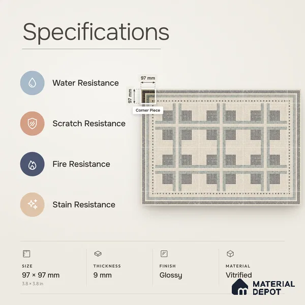 Handmade Third Fired Patterned Wall & Floor Corner Tile TL 13125 C Green Cross 97x97 mm Embossed Glossy Finish Vitrified Tile - 9 mm | Suitable For Kitchen, Bathroom, Living Area
