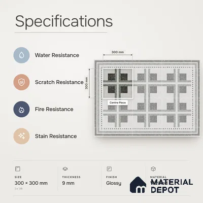 Handmade Third Fired Patterned Wall & Floor Decor Tile TL 13125 D Grey Cross 300x300 mm Embossed Glossy Finish Vitrified Tile - 9 mm | Suitable For Kitchen, Bathroom, Living Area