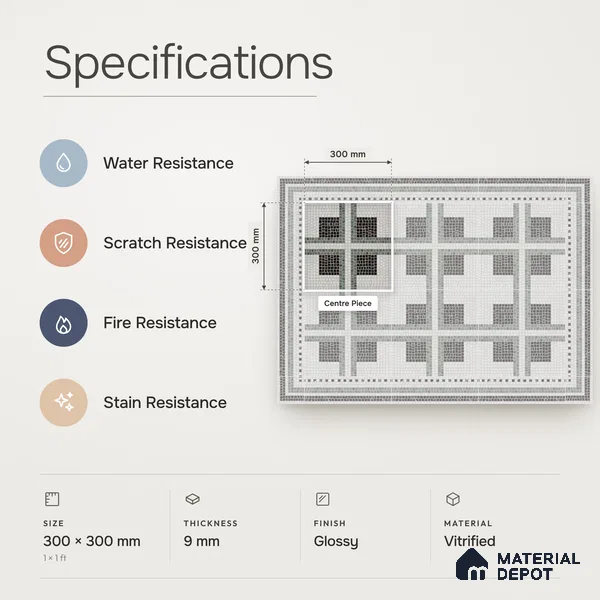 Handmade Third Fired Patterned Wall & Floor Decor Tile TL 13125 D Grey Cross 300x300 mm Embossed Glossy Finish Vitrified Tile - 9 mm | Suitable For Kitchen, Bathroom, Living Area