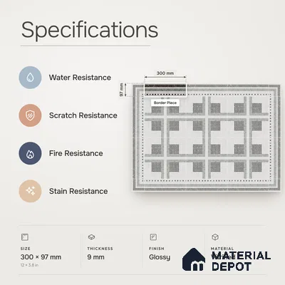 Handmade Third Fired Patterned Wall & Floor Border Tile TL 13125 E Grey Cross 300x97 mm Embossed Glossy Finish Vitrified Tile - 9 mm | Suitable For Kitchen, Bathroom, Living Area