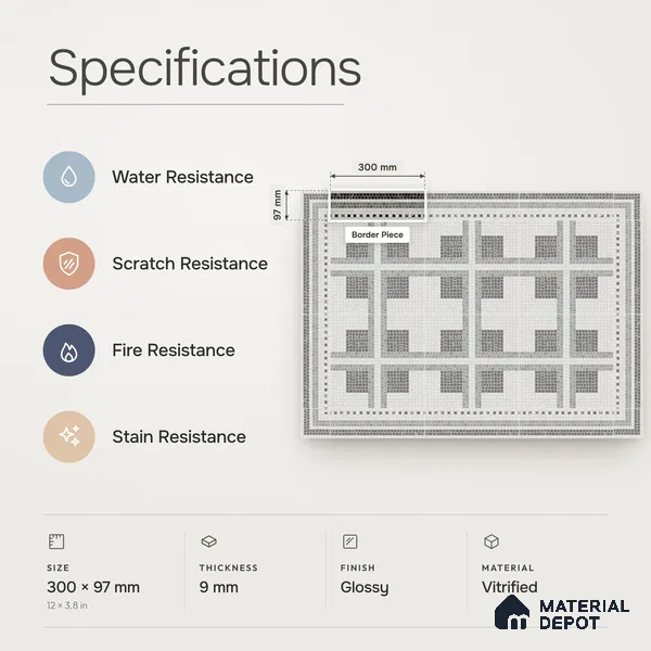 Handmade Third Fired Patterned Wall & Floor Border Tile TL 13125 E Grey Cross 300x97 mm Embossed Glossy Finish Vitrified Tile - 9 mm | Suitable For Kitchen, Bathroom, Living Area