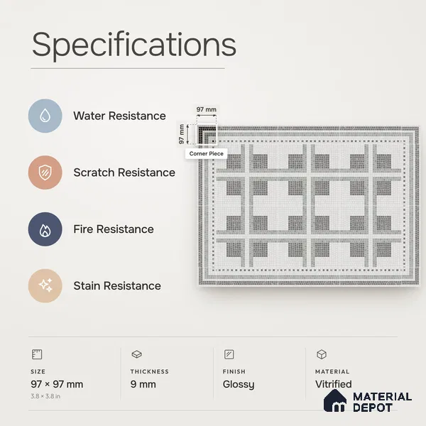 Handmade Third Fired Patterned Wall & Floor Corner Tile TL 13125 F Grey Cross 97x97 mm Embossed Glossy Finish Vitrified Tile - 9 mm | Suitable For Kitchen, Bathroom, Living Area