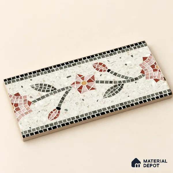 Handmade Third Fired Patterned Wall & Floor Border Tile TL 13126 B Ivory Terrazzo 300x97 mm Embossed Glossy Finish Vitrified Tile - 9 mm | Suitable For Kitchen, Bathroom, Living Area