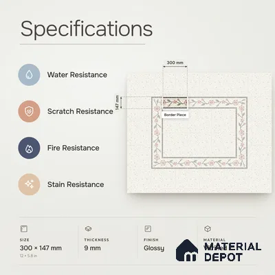 Handmade Third Fired Patterned Wall & Floor Border Tile TL 13126 B Ivory Terrazzo 300x97 mm Embossed Glossy Finish Vitrified Tile - 9 mm | Suitable For Kitchen, Bathroom, Living Area