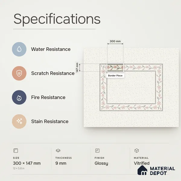 Handmade Third Fired Patterned Wall & Floor Border Tile TL 13126 B Ivory Terrazzo 300x97 mm Embossed Glossy Finish Vitrified Tile - 9 mm | Suitable For Kitchen, Bathroom, Living Area