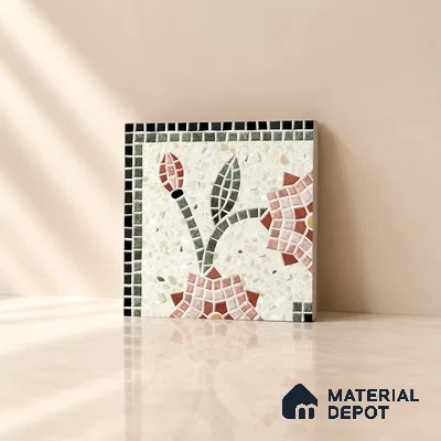 Handmade Third Fired Patterned Wall & Floor Corner Tile TL 13126 C Ivory Terrazzo 97x97 mm Embossed Glossy Finish Vitrified Tile - 9 mm | Suitable For Kitchen, Bathroom, Living Area