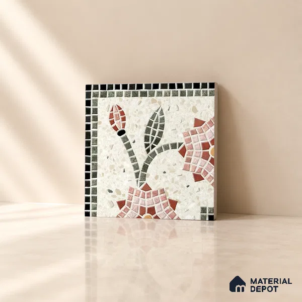Handmade Third Fired Patterned Wall & Floor Corner Tile TL 13126 C Ivory Terrazzo 97x97 mm Embossed Glossy Finish Vitrified Tile - 9 mm | Suitable For Kitchen, Bathroom, Living Area