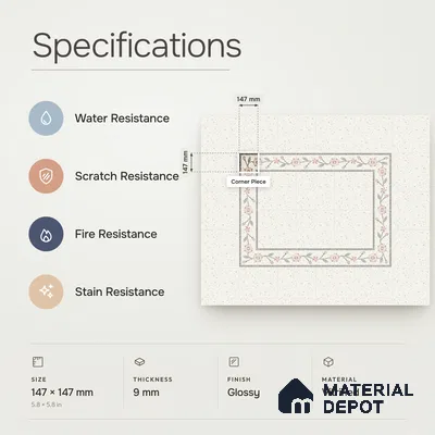 Handmade Third Fired Patterned Wall & Floor Corner Tile TL 13126 C Ivory Terrazzo 97x97 mm Embossed Glossy Finish Vitrified Tile - 9 mm | Suitable For Kitchen, Bathroom, Living Area