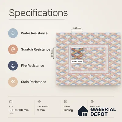 Handmade Third Fired Patterned Wall & Floor Decor Tile TL 13126 D Chevron Zigzag 300x300 mm Embossed Glossy Finish Vitrified Tile - 9 mm | Suitable For Kitchen, Bathroom, Living Area