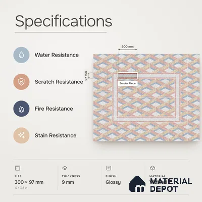 Handmade Third Fired Patterned Wall & Floor Border Tile TL 13126 E Chevron Zigzag 300x97 mm Embossed Glossy Finish Vitrified Tile - 9 mm | Suitable For Kitchen, Bathroom, Living Area