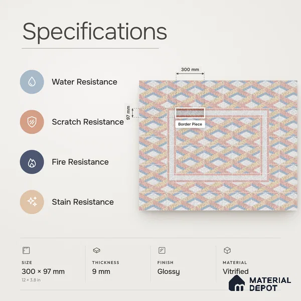 Handmade Third Fired Patterned Wall & Floor Border Tile TL 13126 E Chevron Zigzag 300x97 mm Embossed Glossy Finish Vitrified Tile - 9 mm | Suitable For Kitchen, Bathroom, Living Area