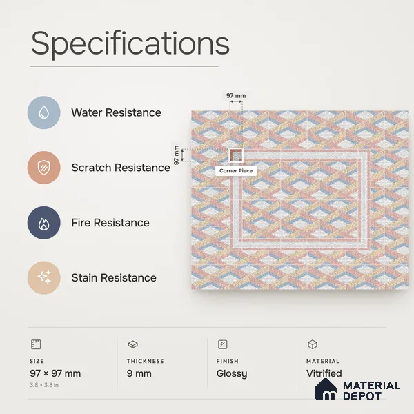 Handmade Third Fired Patterned Wall & Floor Corner Tile TL 13126 F Chevron Zigzag 97x97 mm Embossed Glossy Finish Vitrified Tile - 9 mm | Suitable For Kitchen, Bathroom, Living Area