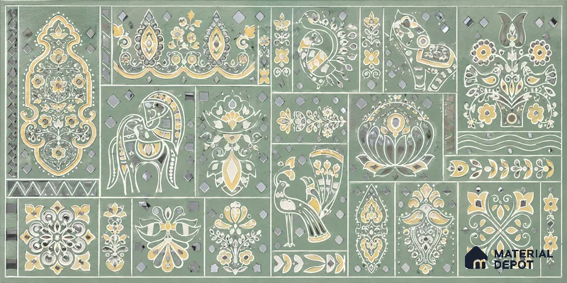 Lippan Art Mirror Mural Wall Tile TL 13135 B Indigo Verdant Patchwork 4 ft x 1 ft Vitrified Matte Finish - 9 mm | Suitable for Living Room, Accent/Feature Wall, Foyer