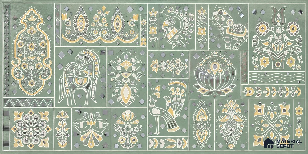 Lippan Art Mirror Mural Wall Tile TL 13135 B Indigo Verdant Patchwork 4 ft x 1 ft Vitrified Matte Finish - 9 mm | Suitable for Living Room, Accent/Feature Wall, Foyer