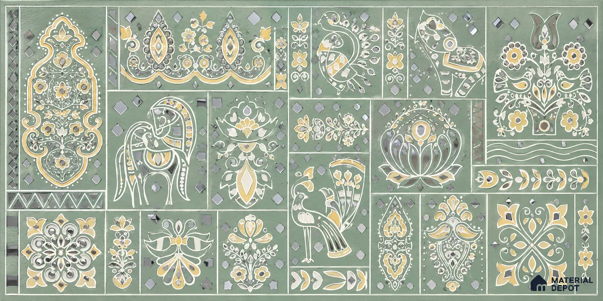 Lippan Art Mirror Mural Wall Tile TL 13135 B Indigo Verdant Patchwork 4 ft x 1 ft Vitrified Matte Finish - 9 mm | Suitable for Living Room, Accent/Feature Wall, Foyer