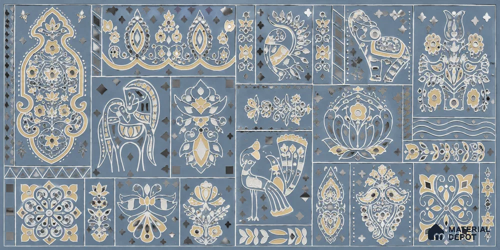 Lippan Art Mirror Mural Wall Tile TL 13135 Indigo Verdant Patchwork 4 ft x 2 ft Vitrified Matte Finish - 9 mm | Suitable for Living Room, Accent/Feature Wall, Foyer