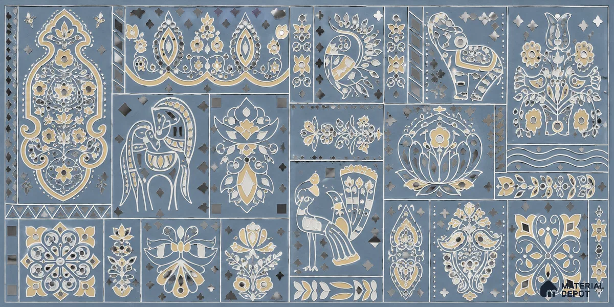 Lippan Art Mirror Mural Wall Tile TL 13135 Indigo Verdant Patchwork 4 ft x 2 ft Vitrified Matte Finish - 9 mm | Suitable for Living Room, Accent/Feature Wall, Foyer