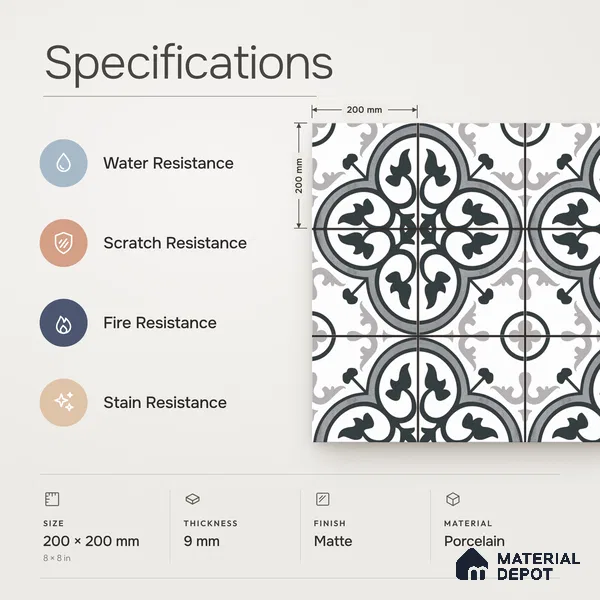 Moroccan Look Floor & Wall Tile TL 13186 DR 09 8 inch x 8 inch Matte Finish Porcelain Tile - 9 mm