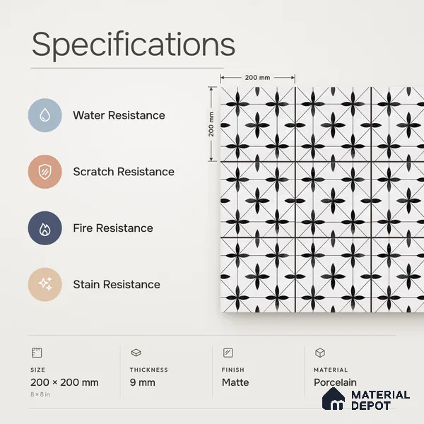Moroccan Look Floor & Wall Tile TL 13187 DR 12 8 inch x 8 inch Matte Finish Porcelain Tile - 9 mm