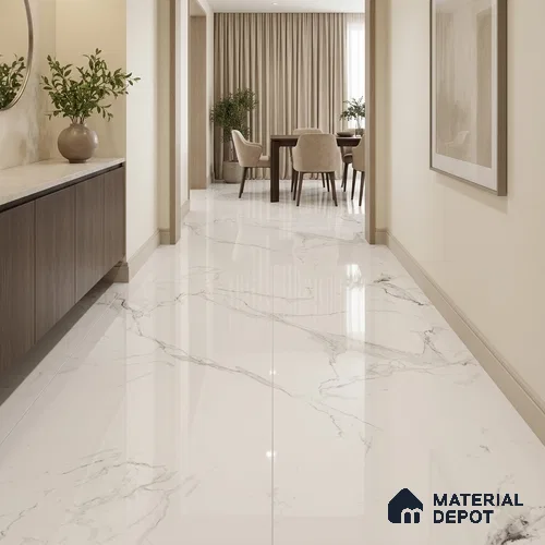 Marble Floor Tile TL 13309 B Michael Statuario 6 ft x 4 ft Glossy Finish Colorbody Vitrified Tile - 15 mm | Suitable For Living Room, Bedroom & Dining Area