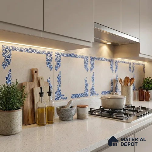Moroccan Wall & Floor Tile TL 13398 Blue Border 2 ft x 2 ft Matte Carving Finish Vitrified Tile - 9 mm | Suitable For Kitchen, Bathroom, Balcony