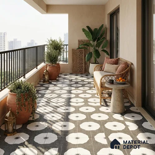 Moroccan Wall & Floor Tile TL 13407 Charcoal Poppy 2 ft x 2 ft Matte Carving Finish Vitrified Tile - 9 mm | Suitable For Kitchen, Bathroom, Balcony