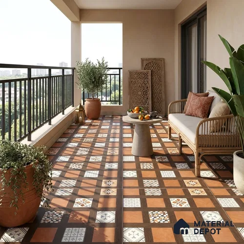 Moroccan Wall & Floor Tile TL 13414 Terracotta Grid 2 ft x 2 ft Matte Finish Vitrified Tile - 9 mm | Suitable For Kitchen, Bathroom, Balcony