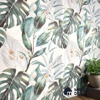 Tropical Wall Tile TL 06127 Monstera Blanco Decor Pattern 2 4 ft x 2 ft Vitrified Matte Finish - 9 mm | (1 Box Contain Single Design ) | Suitable For Living Room, Bedroom, Bathroom, Dining