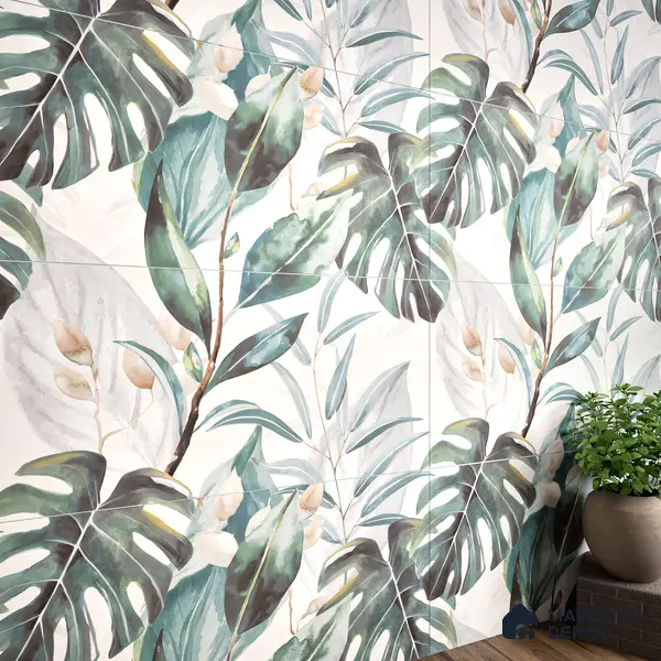 Tropical Wall Tile TL 06127 Monstera Blanco Decor Pattern 2 4 ft x 2 ft Vitrified Matte Finish - 9 mm | (1 Box Contain Single Design ) | Suitable For Living Room, Bedroom, Bathroom, Dining